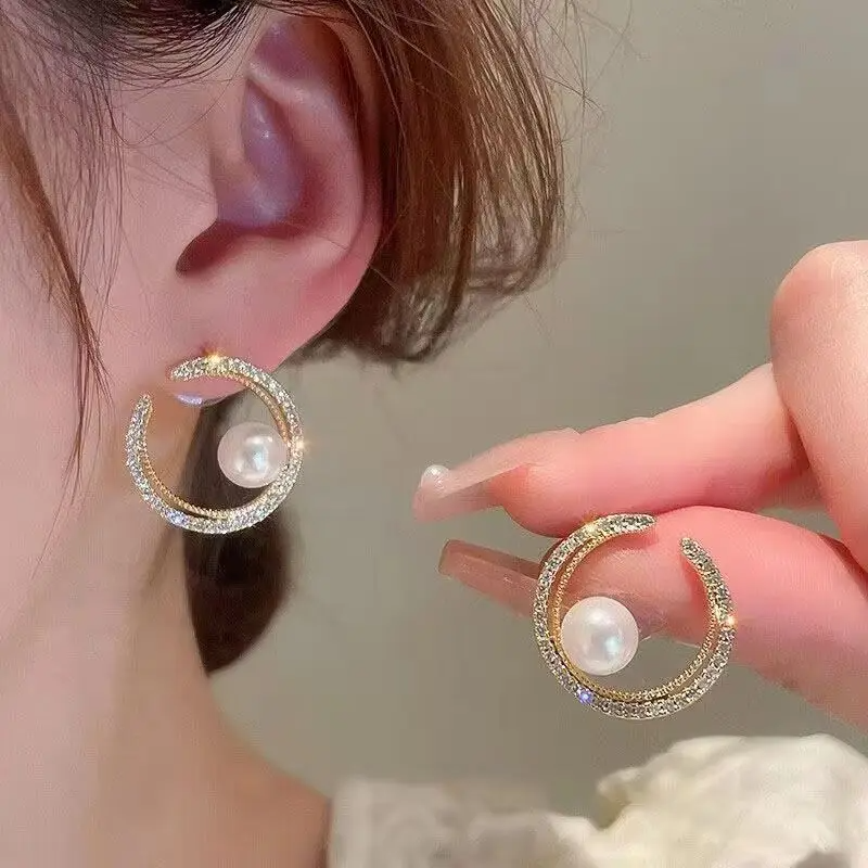 Creative Rhinestone Moon Stud Earrings