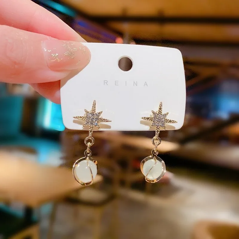 Metal Twist Crystal Opal Star Drop Earrings