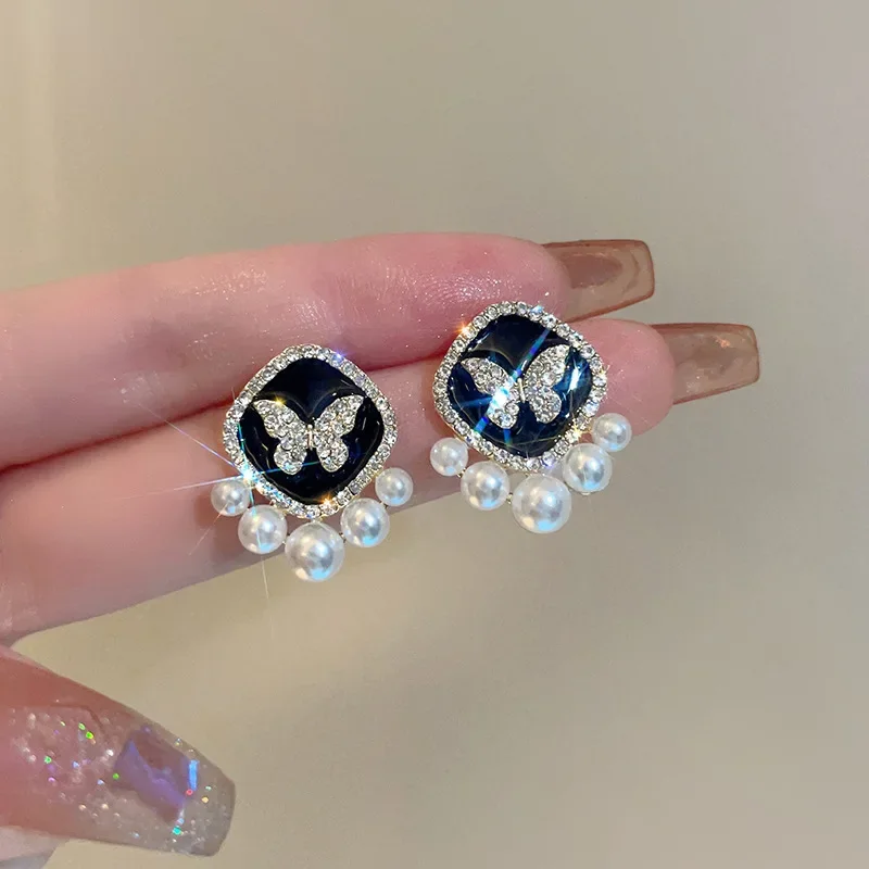 Glaze Black Square Crystal Butterfly Stud Earrings for Women