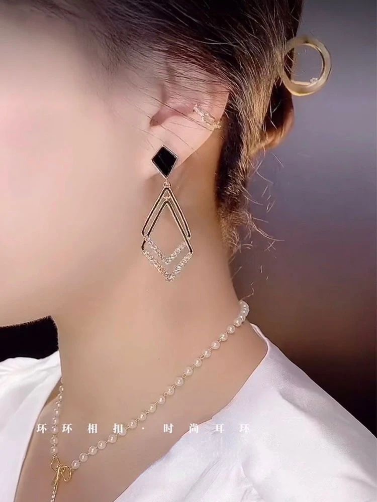 Black Zircon Geometric Double Square Hoop Earrings