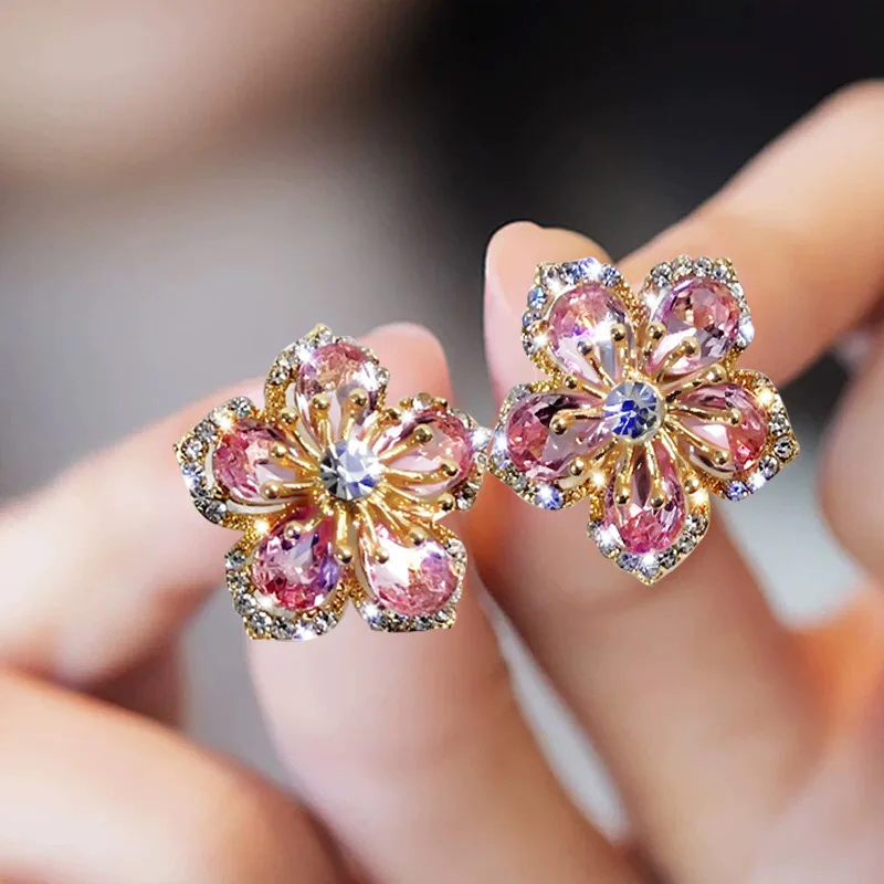 Crystal Pink Gold Flower Shiny Zircon Earrings