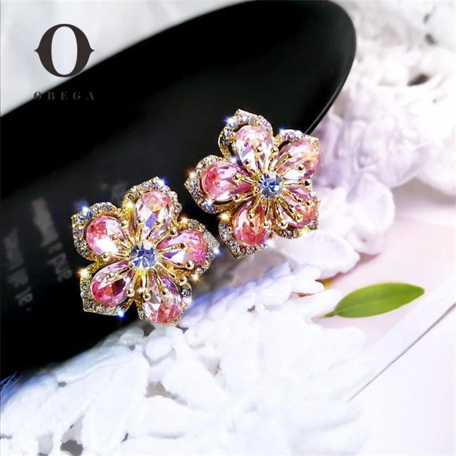 Crystal Pink Gold Flower Shiny Zircon Earrings