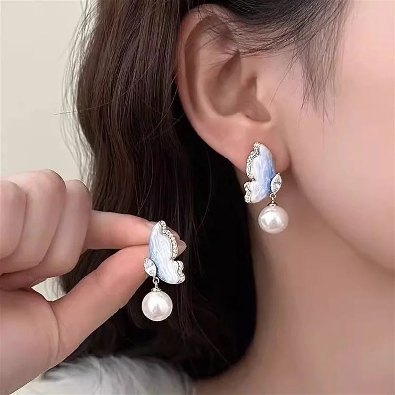 Blue Butterfly Pear Stud Earrings for Women