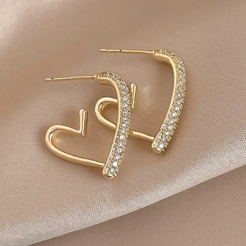 Crystal Golden Side Heart Earrings For Women