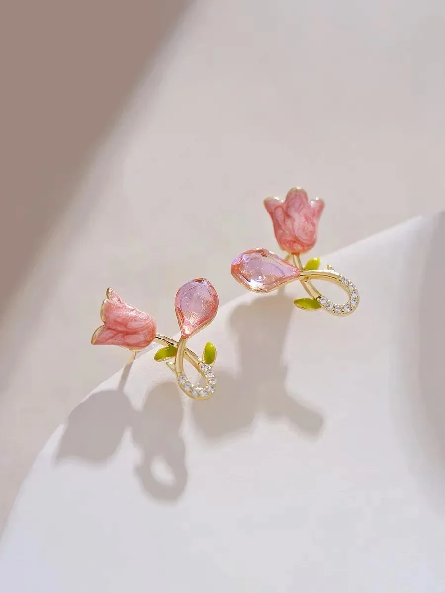Sense pink Enamel Glazed Tulip Earrings