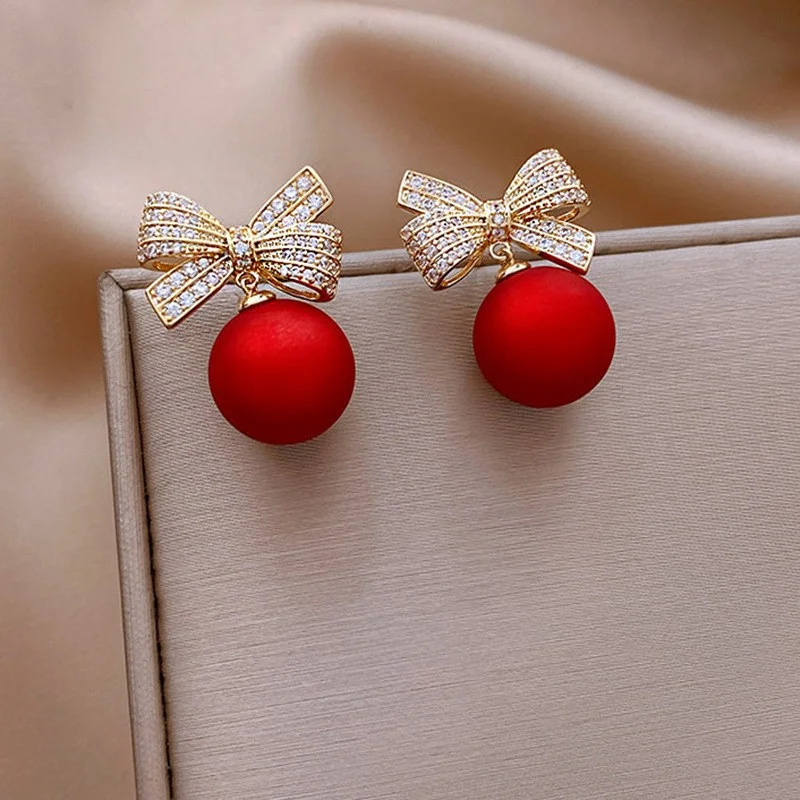 Red Pearl Bowknot Stud Earrings for Women