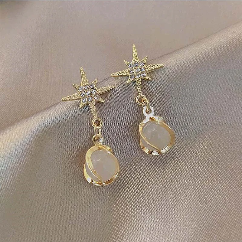 Metal Twist Crystal Opal Star Drop Earrings