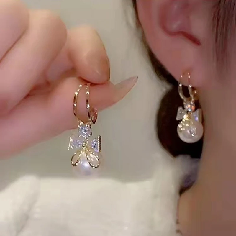 Zircon Pearl Bowknot Dangle Drop Earrings