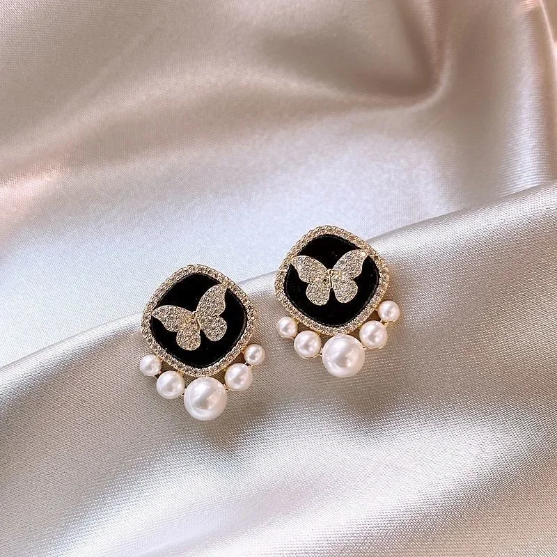 Glaze Black Square Crystal Butterfly Stud Earrings for Women