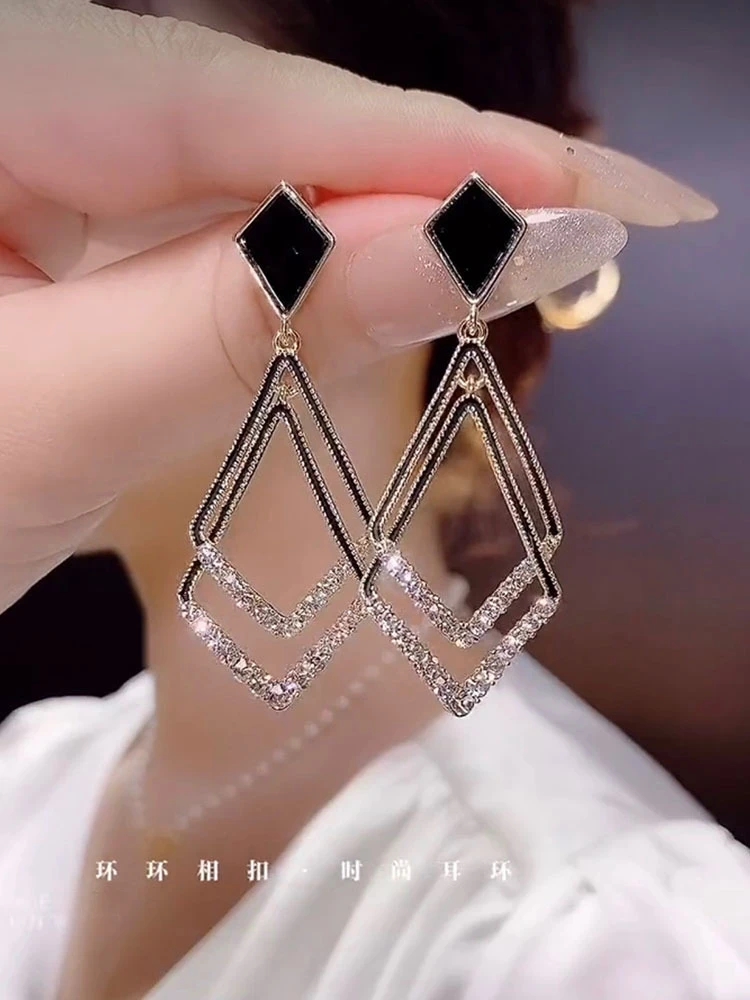 Black Zircon Geometric Double Square Hoop Earrings