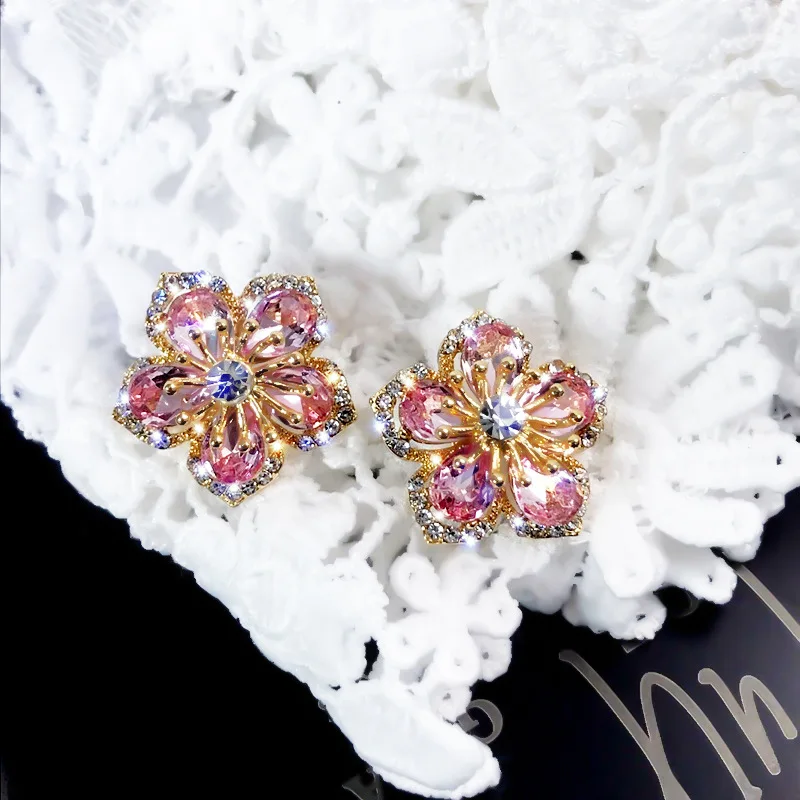 Crystal Pink Gold Flower Shiny Zircon Earrings