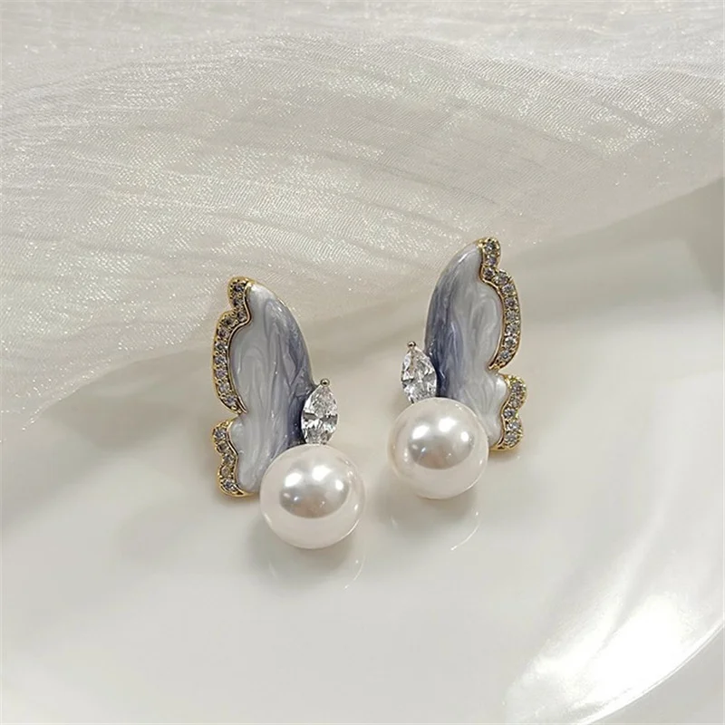 Blue Butterfly Pear Stud Earrings for Women