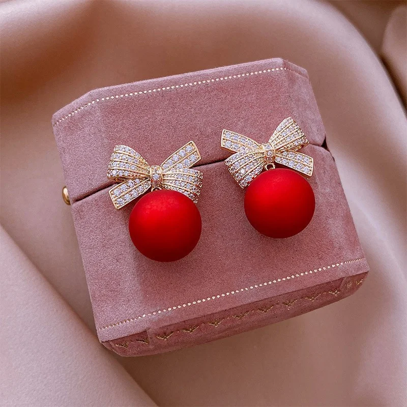Red Pearl Bowknot Stud Earrings for Women