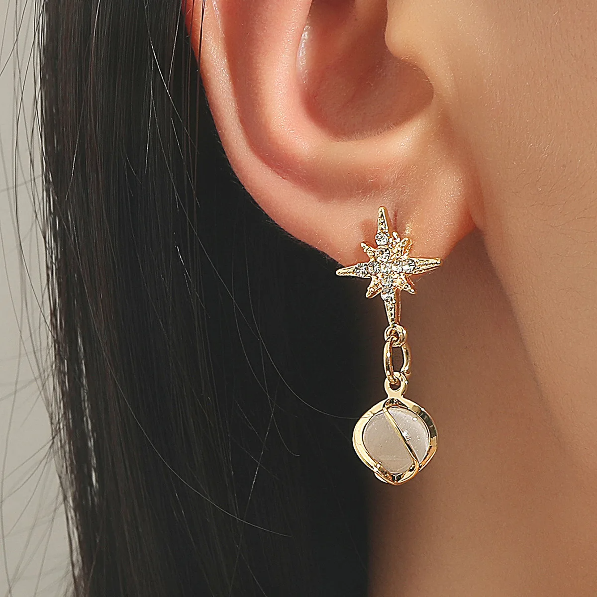 Metal Twist Crystal Opal Star Drop Earrings