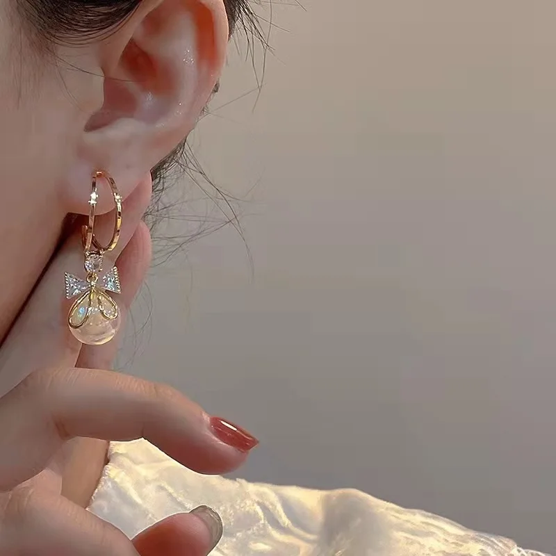 Zircon Pearl Bowknot Dangle Drop Earrings