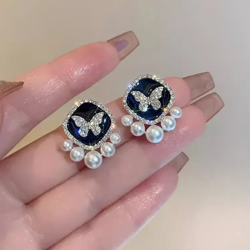 Glaze Black Square Crystal Butterfly Stud Earrings for Women