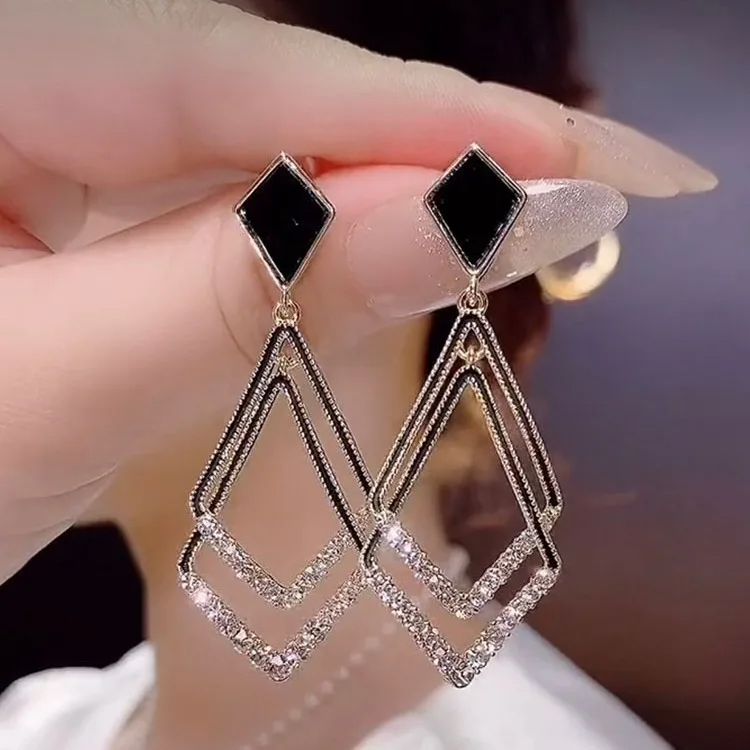 Black Zircon Geometric Double Square Hoop Earrings