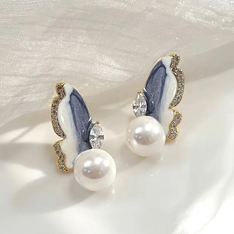 Blue Butterfly Pear Stud Earrings for Women