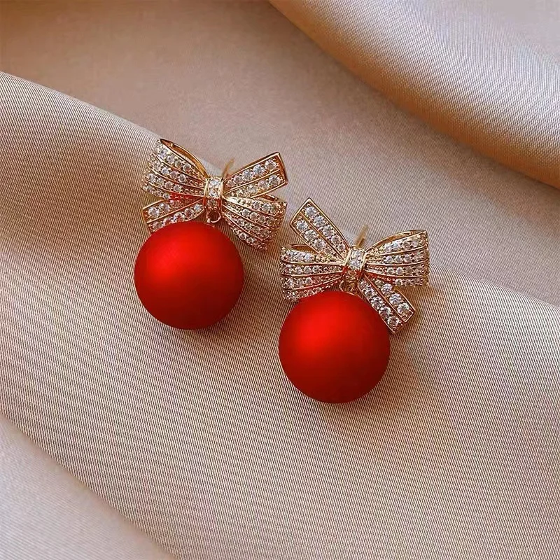 Red Pearl Bowknot Stud Earrings for Women