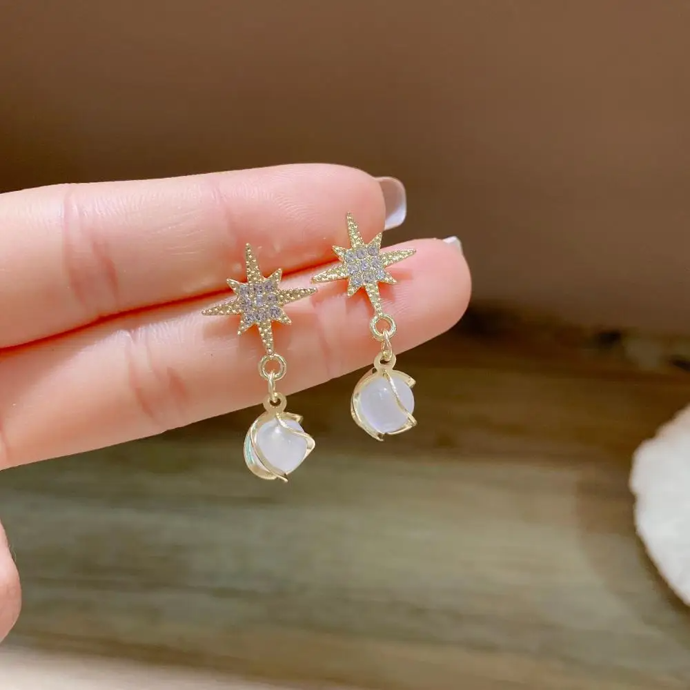 Metal Twist Crystal Opal Star Drop Earrings