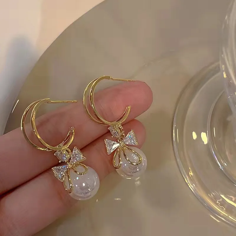 Zircon Pearl Bowknot Dangle Drop Earrings