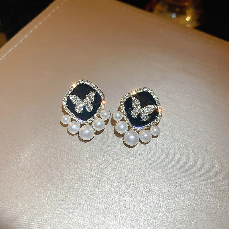 Glaze Black Square Crystal Butterfly Stud Earrings for Women