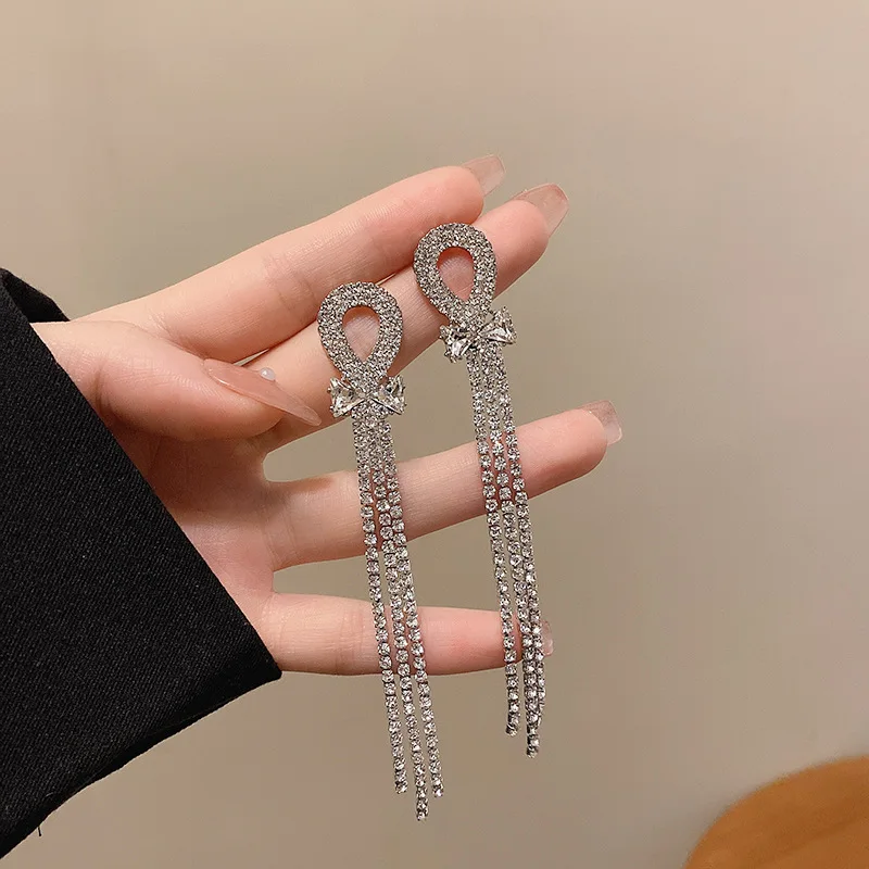 Geometric Bow Long Tassel Zircon Earrings for Women