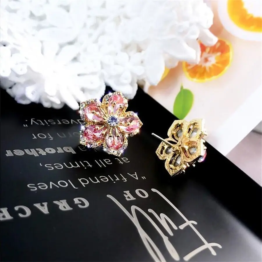 Crystal Pink Gold Flower Shiny Zircon Earrings