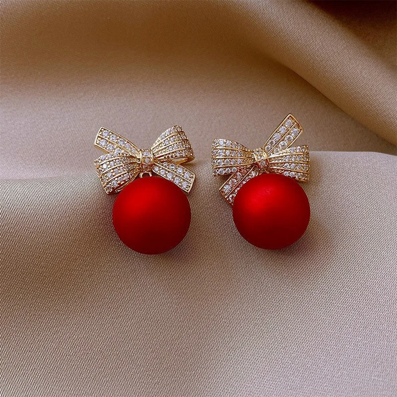 Red Pearl Bowknot Stud Earrings for Women