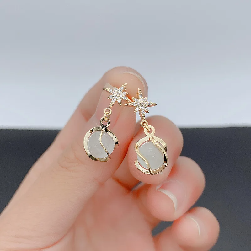 Metal Twist Crystal Opal Star Drop Earrings