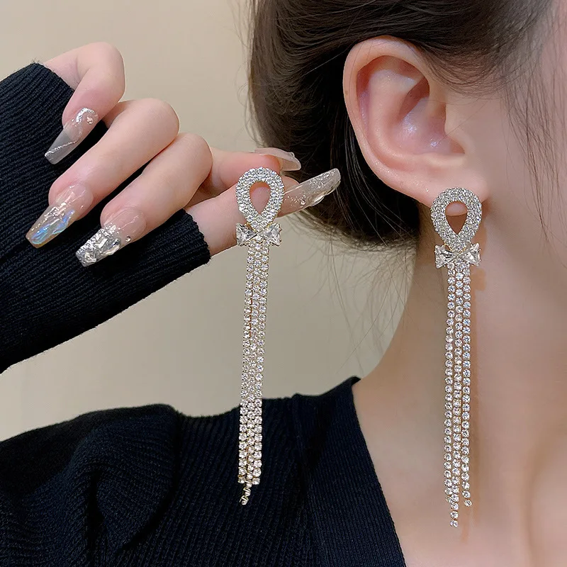 Geometric Bow Long Tassel Zircon Earrings for Women