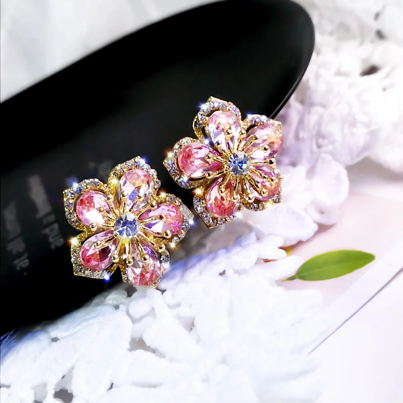 Crystal Pink Gold Flower Shiny Zircon Earrings