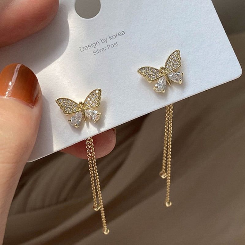 Fashion Long Metal Butterfly Tassel Drop Earrings