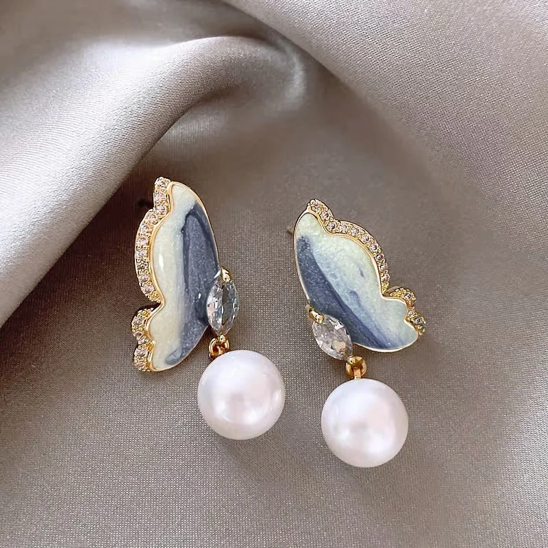 Blue Butterfly Pear Stud Earrings for Women