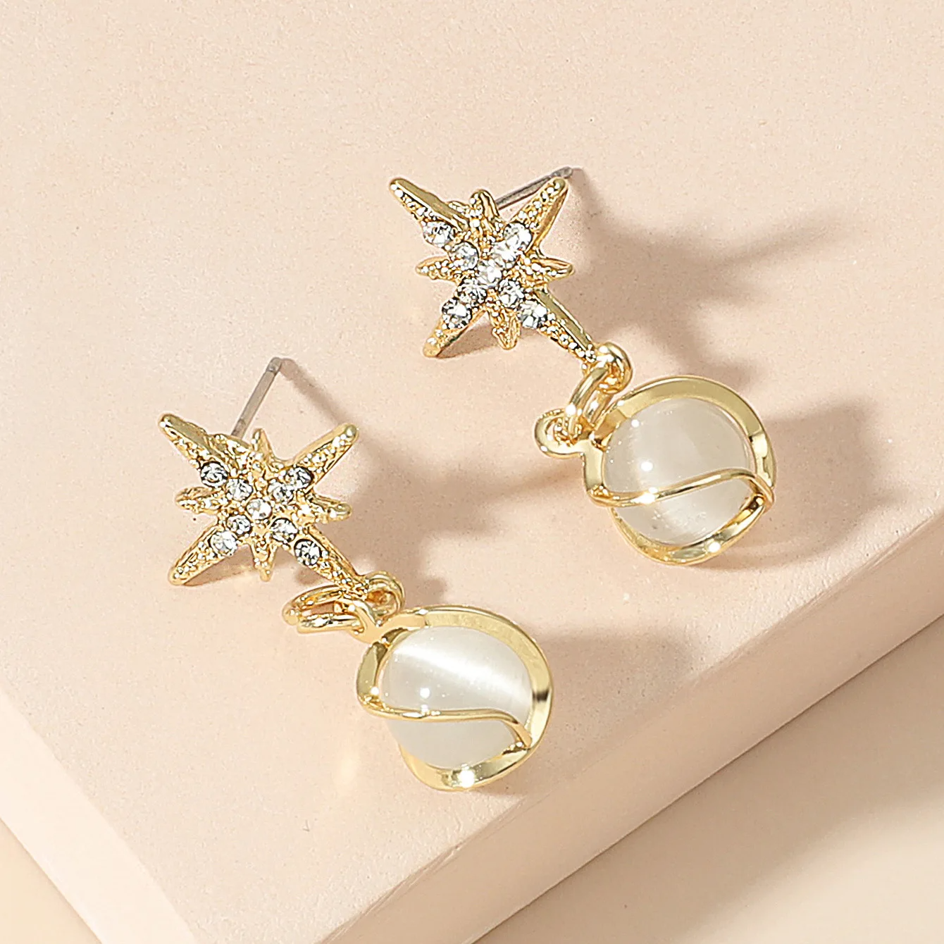 Metal Twist Crystal Opal Star Drop Earrings