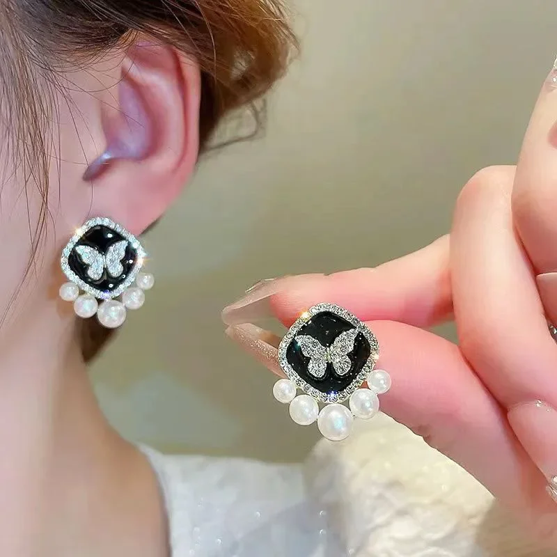 Glaze Black Square Crystal Butterfly Stud Earrings for Women