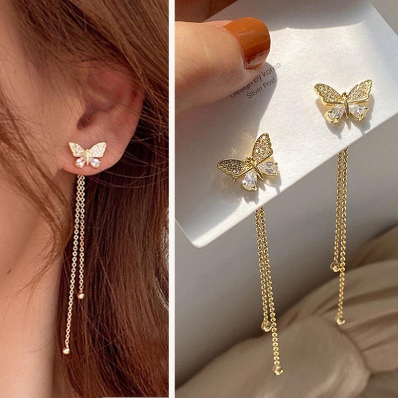 Fashion Long Metal Butterfly Tassel Drop Earrings