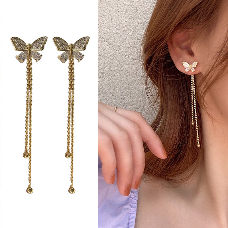 Fashion Long Metal Butterfly Tassel Drop Earrings