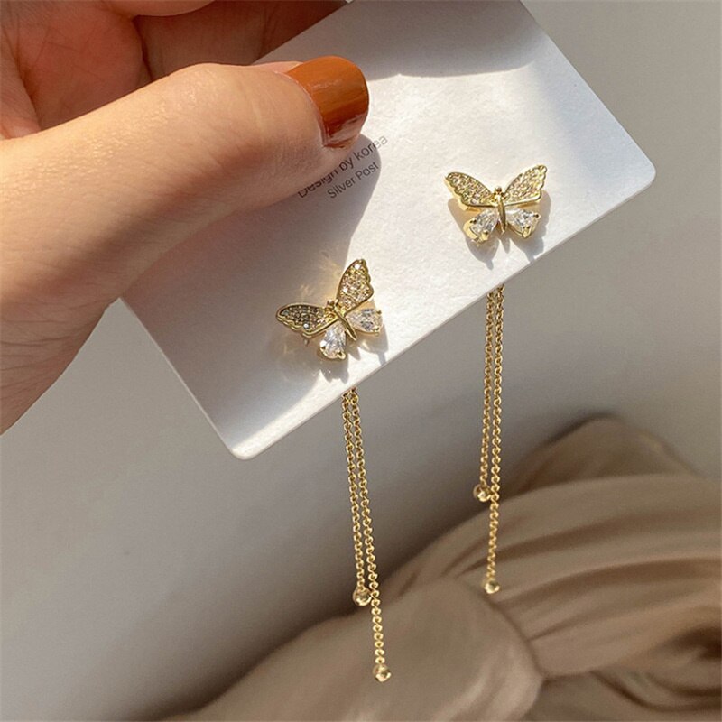 Fashion Long Metal Butterfly Tassel Drop Earrings