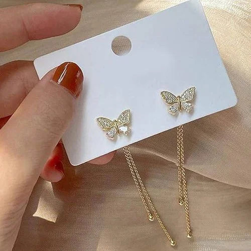 Fashion Long Metal Butterfly Tassel Drop Earrings