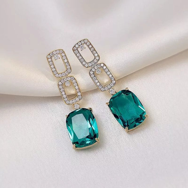 Shiny Green Rhinestone simple Rectangle Shape Drop Earrings