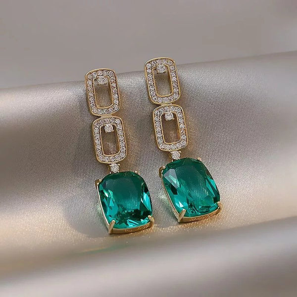 Shiny Green Rhinestone simple Rectangle Shape Drop Earrings