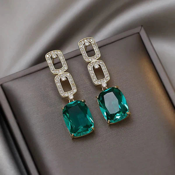 Shiny Green Rhinestone simple Rectangle Shape Drop Earrings