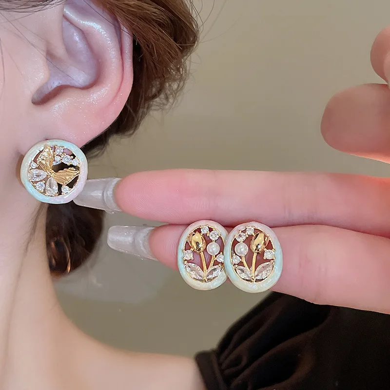 light Luxury Drop Oil Zircon Tulip Butterfly Round Stud Earrings