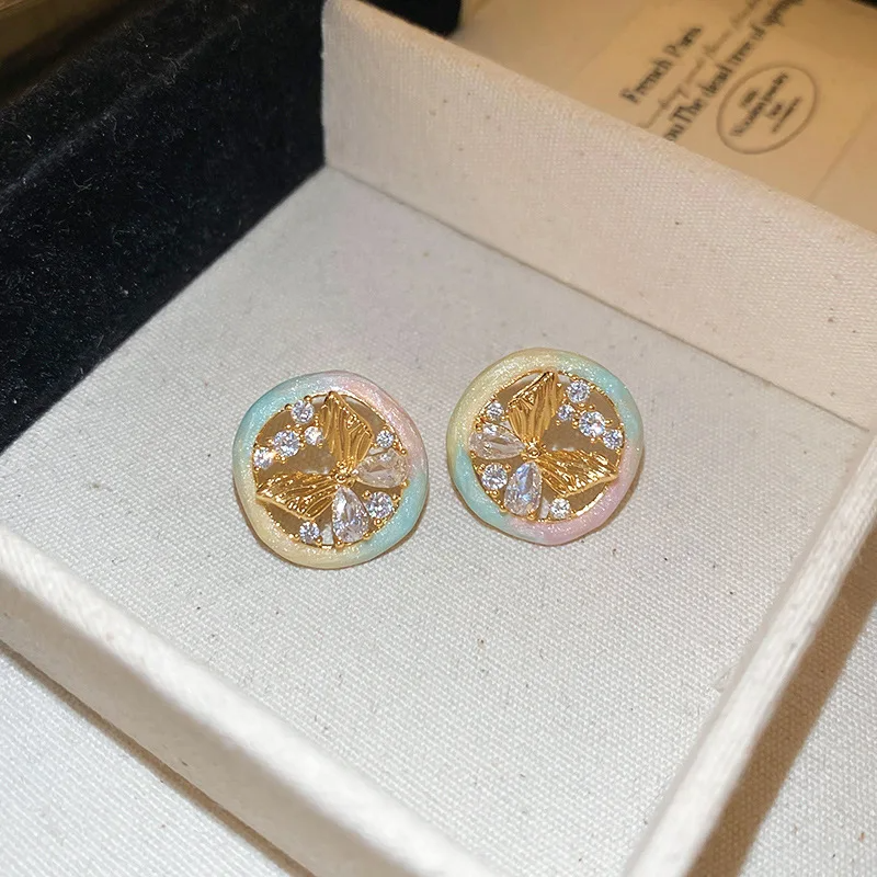 light Luxury Drop Oil Zircon Tulip Butterfly Round Stud Earrings