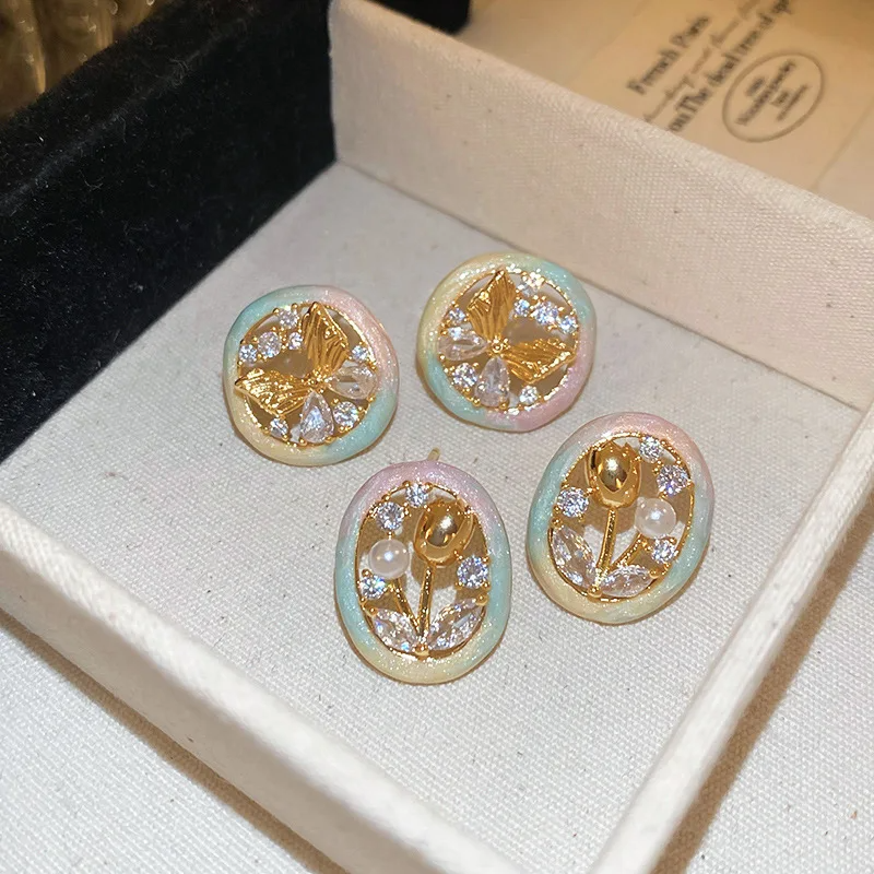 light Luxury Drop Oil Zircon Tulip Butterfly Round Stud Earrings