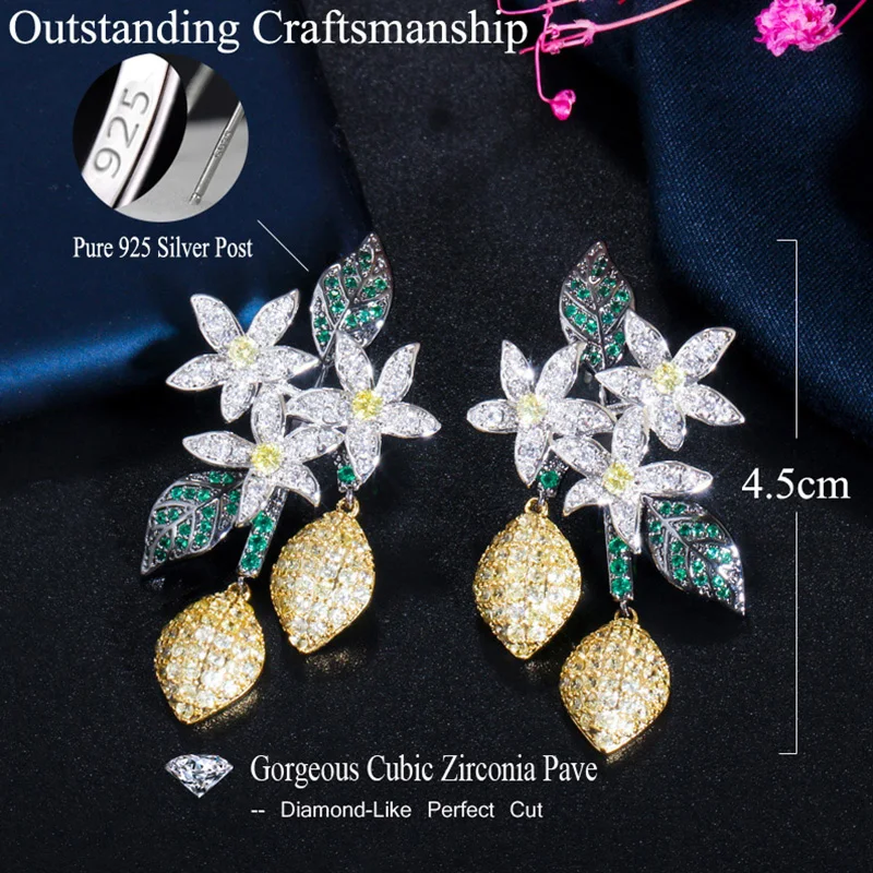 Pera Temperament Full CZ Dangling Luxury Leaf Flower Drop Earrings